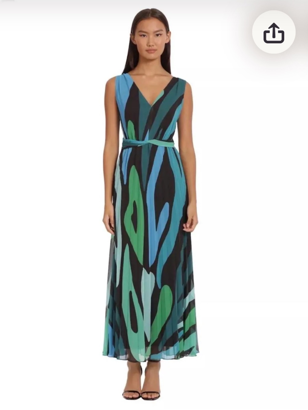 London Times NWT Abstract Pleated Maxi Dress Size 8 Green Teal Black Sleeveless